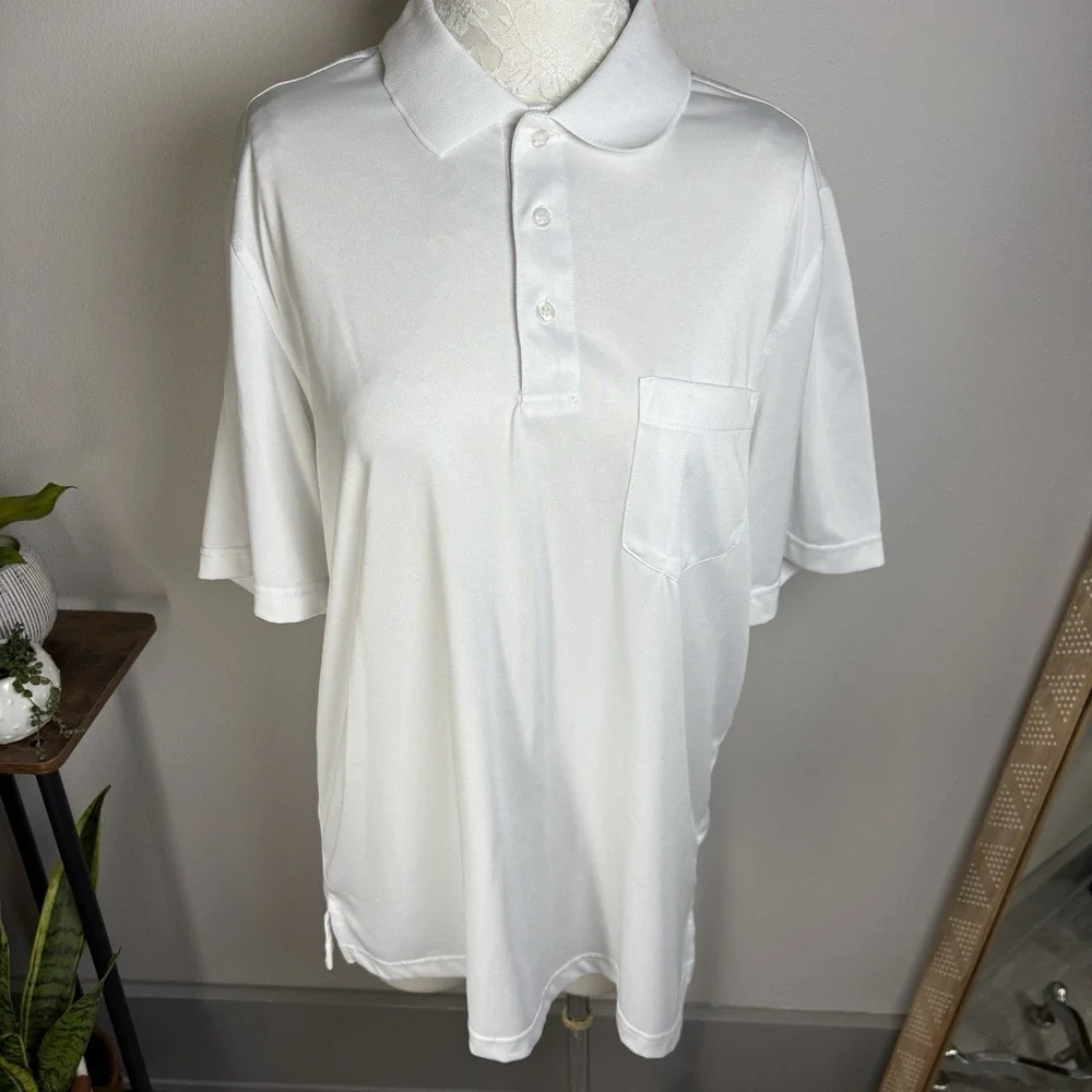 Harriton Mens L White Polo Shirt Business Casual Golf Core Polyester Pocket